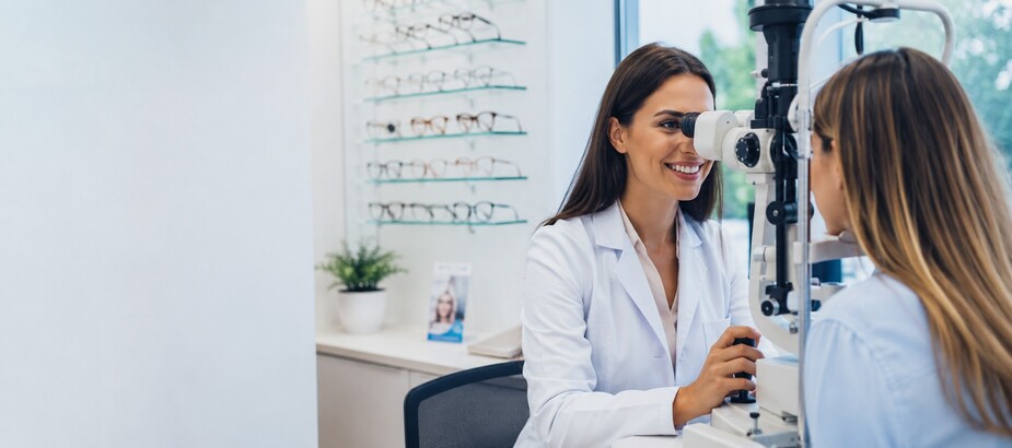 Optometrist giving and eye exam.