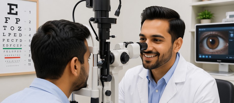 Doctor giving eye exam to patient