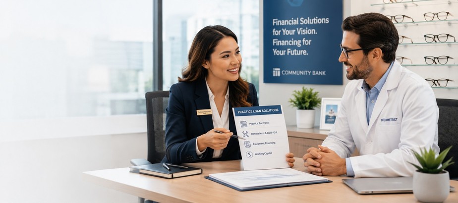 Woman showing male optometrist a document about loans.