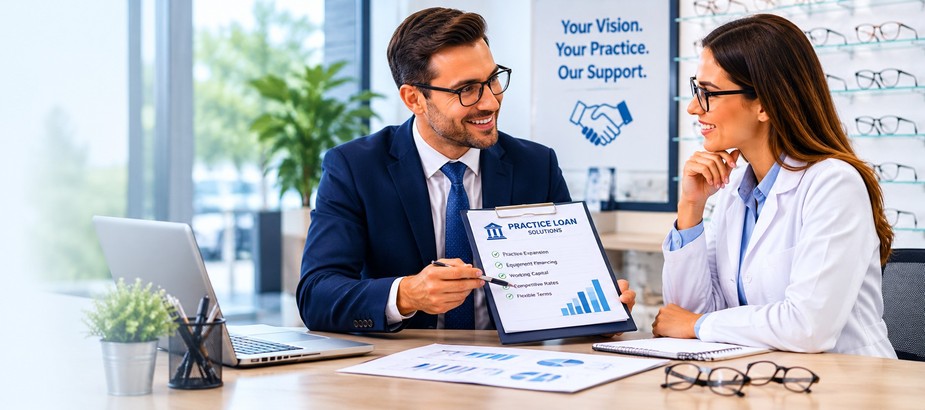 Man showing woman optometrist a document about loans.